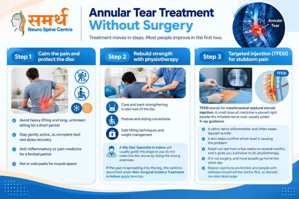 Annular tear treatment without surgery showing pain management, physiotherapy, and targeted TFESI injection options