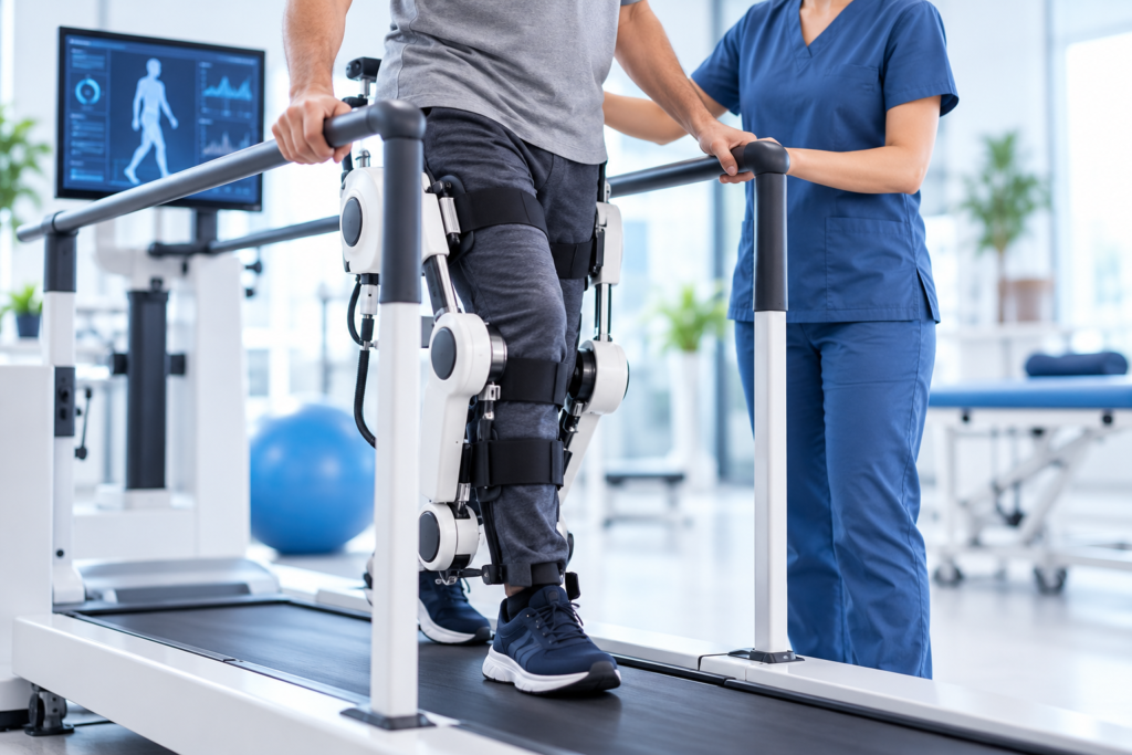 Robotic gait training during physiotherapy, with a patient practising assisted walking on a rehabilitation treadmill under therapist supervision.