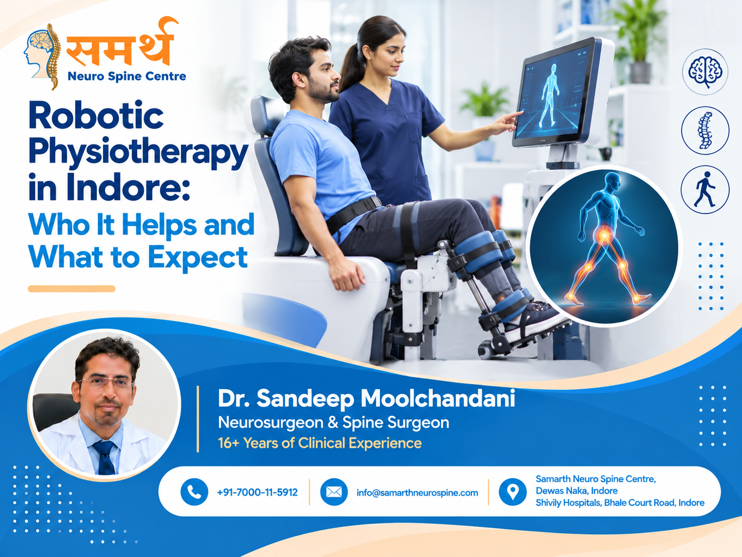 Robotic physiotherapy in Indore at Samarth Neuro Spine Centre, showing a patient receiving assisted rehabilitation with a physiotherapist.