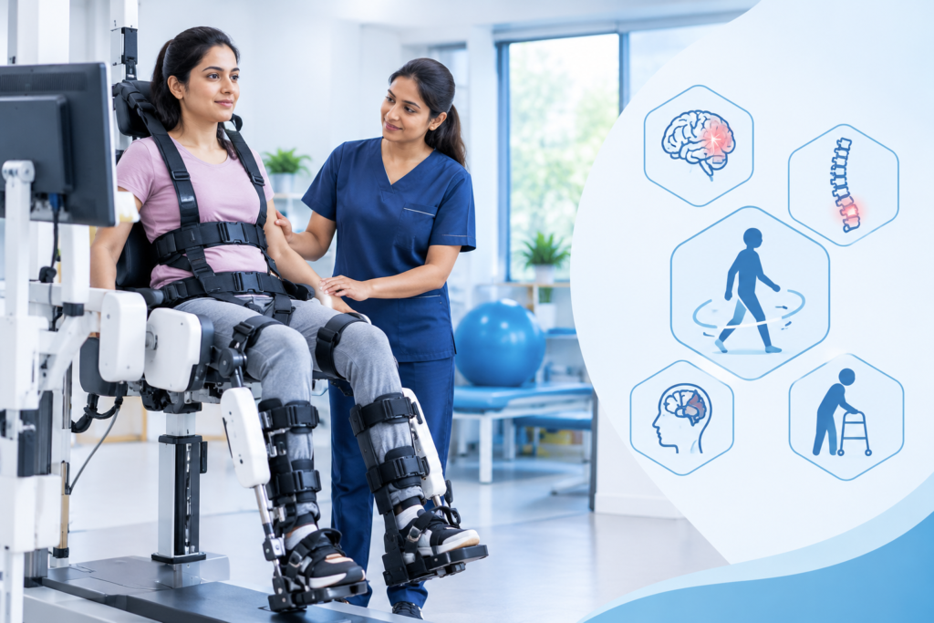 Robotic physiotherapy for neurological rehabilitation, showing a patient using a robotic rehabilitation device with physiotherapist support.