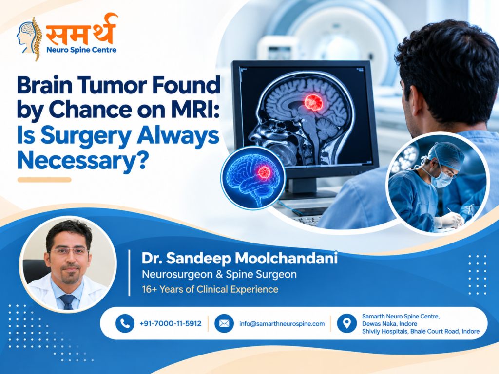 Brain tumor detected on MRI scan showing a highlighted brain lesion and neurosurgeon Dr. Sandeep Moolchandani