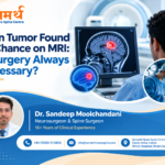 Brain tumor detected on MRI scan showing a highlighted brain lesion and neurosurgeon Dr. Sandeep Moolchandani