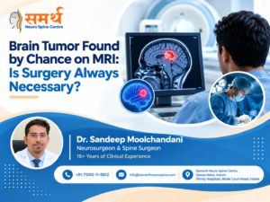 Brain tumor detected on MRI scan showing a highlighted brain lesion and neurosurgeon Dr. Sandeep Moolchandani