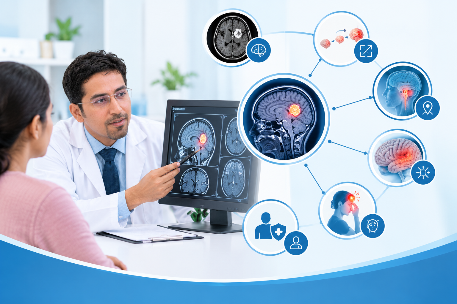Doctor reviewing brain MRI scans to assess brain tumor size, location, growth, and treatment options