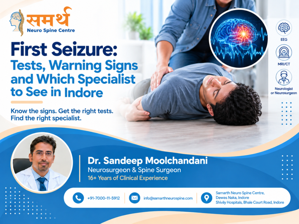 First seizure awareness: warning signs, EEG and MRI/CT tests, and specialist consultation in Indore at Samarth Neuro Spine Centre.
