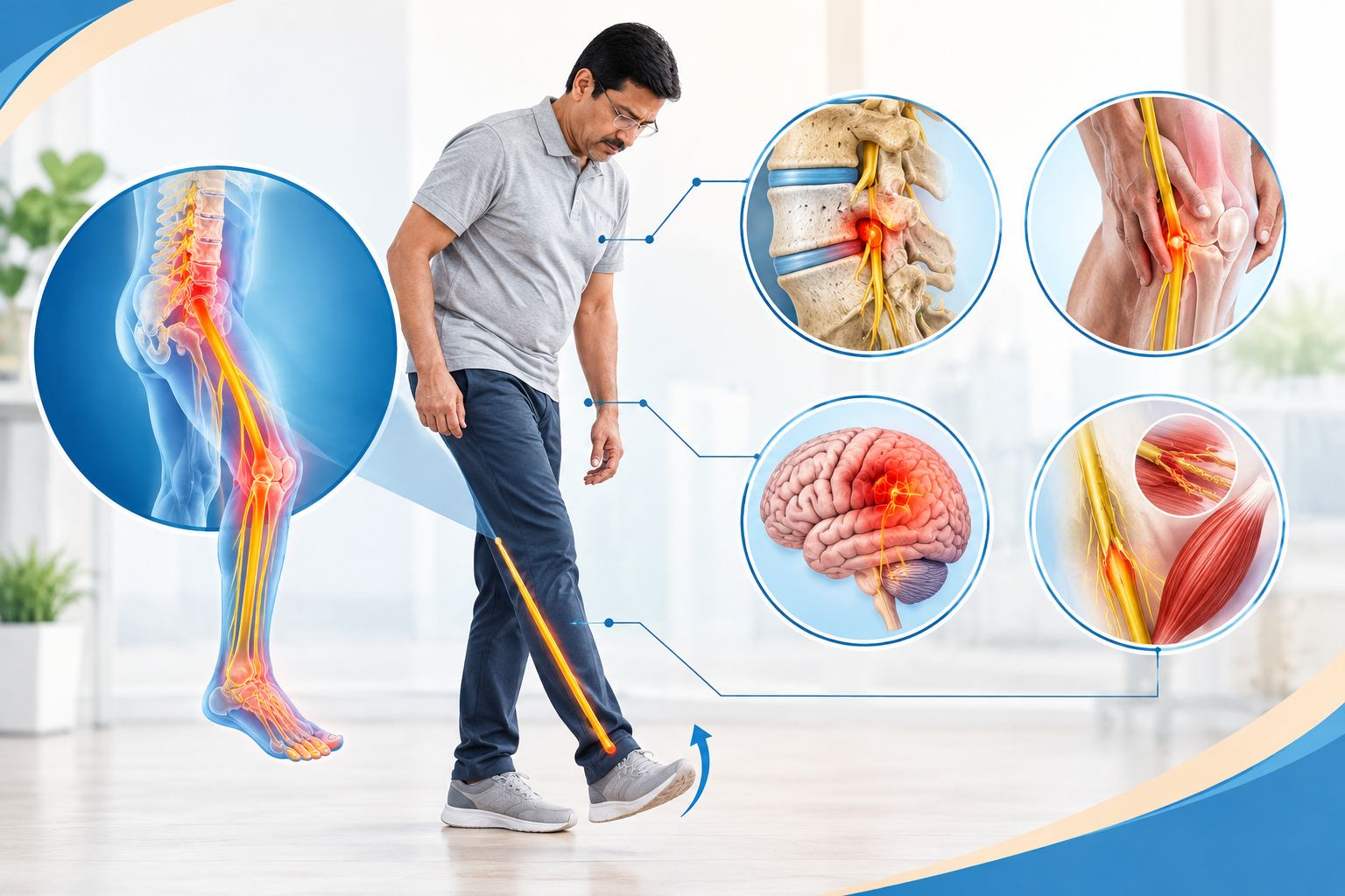 Medical illustration showing foot drop caused by lumbar nerve compression, peroneal nerve injury, brain conditions, and nerve or muscle damage.