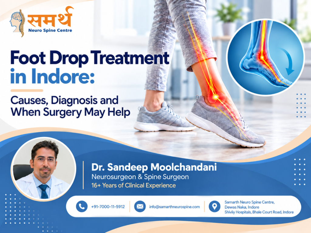 Foot drop treatment in Indore showing nerve-related foot pain, ankle anatomy, and neurosurgeon Dr. Sandeep Moolchandani
