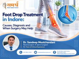 Foot drop treatment in Indore showing nerve-related foot pain, ankle anatomy, and neurosurgeon Dr. Sandeep Moolchandani