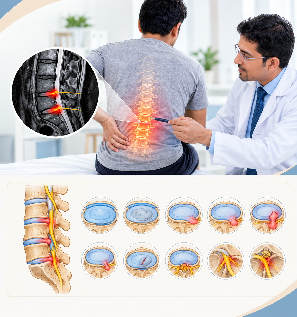 Medical illustration showing L4-L5 and L5-S1 disc bulges, lumbar spine nerve compression, and disc conditions explained by Samarth Neuro Spine Centre.