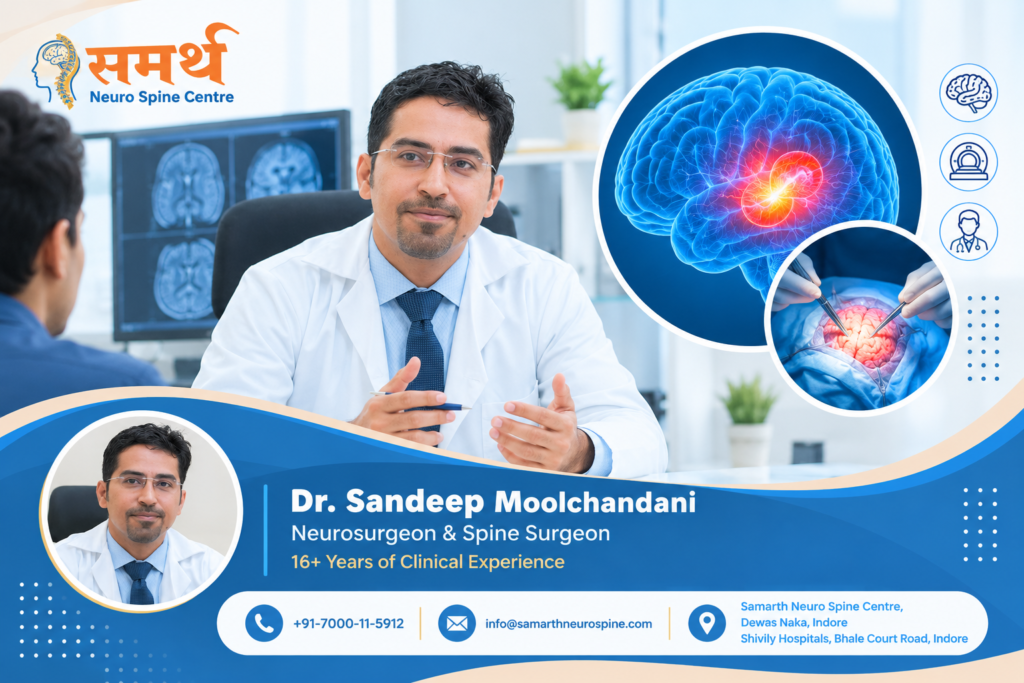 Dr. Sandeep Moolchandani, neurosurgeon and spine surgeon in Indore, discussing brain scans and epilepsy surgery evaluation at Samarth Neuro Spine Centre.