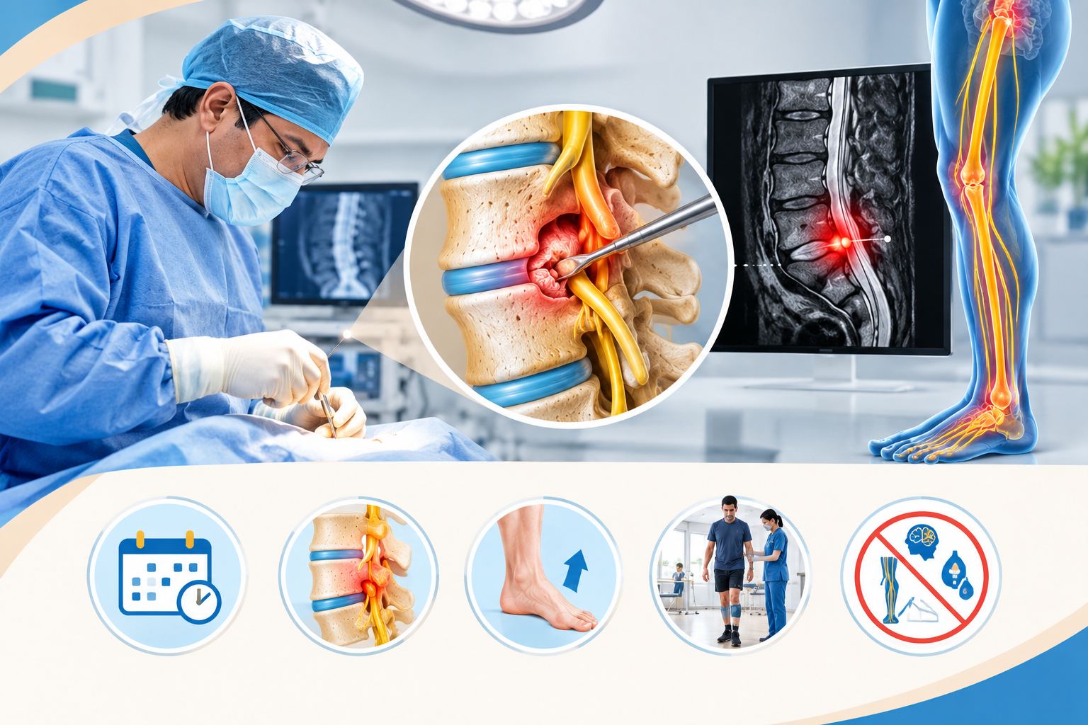 Medical illustration of foot drop surgery showing lumbar disc compression, nerve decompression, MRI findings, and foot recovery rehabilitation.