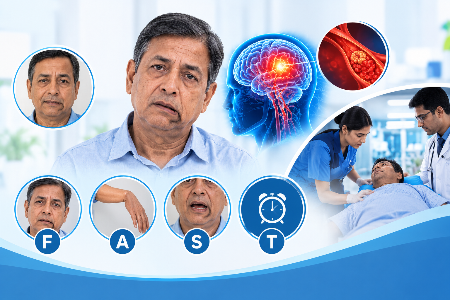 Stroke symptoms and FAST warning signs including facial drooping, arm weakness, and speech difficulty requiring emergency treatment